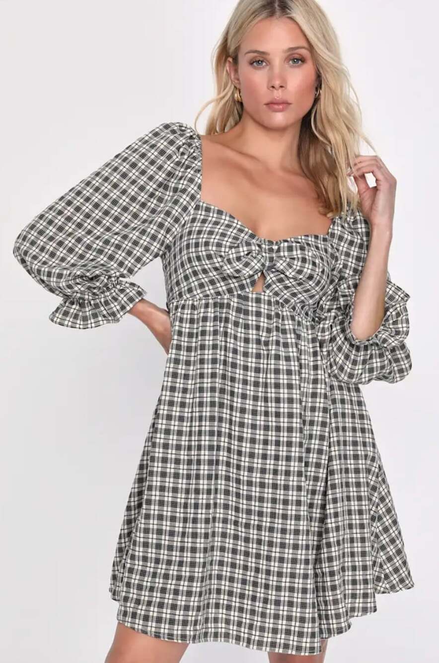 Lulus Charismatic Crush Grey Plaid Tie Front Mini Dress XS NWT Fall Cottagecore